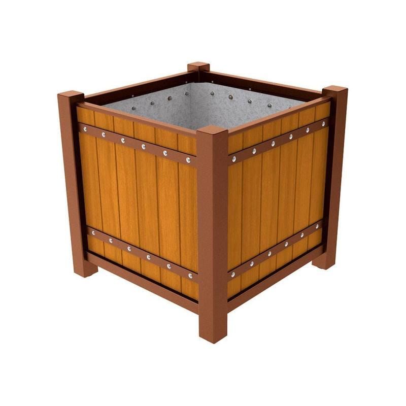Pflanzbehälter, Pflanzgefäß, verzinkt, Eichenholzverkleidung, innen feuerverzinkt mit Verladungsgriffen, 960 x 1.060 x 1.060 mm (HxBxT), enzianblau