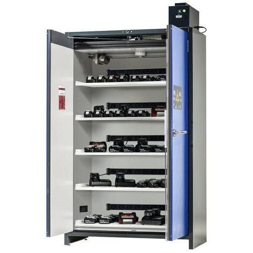 Sicherheitsschrank f.Li-Ion-Batterien, Anthrazitgrau/Enzianblau, 2.114 x 1.193 x 615 mm (HxBxT), Steckdosen, 5 Fachböden, Auffangwanne, LED, Alarme