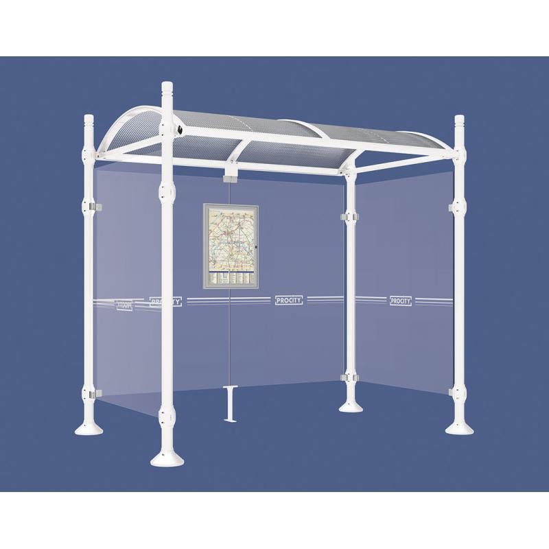 Buswartehalle, Unterstand, 2 Seitenwände, Kopf gebürsteter Edelstahl, ESG, Fahrplanschaukasten, 2.500 x 2.500 x 1.600 mm (HxBxT), Farbe enzianblau