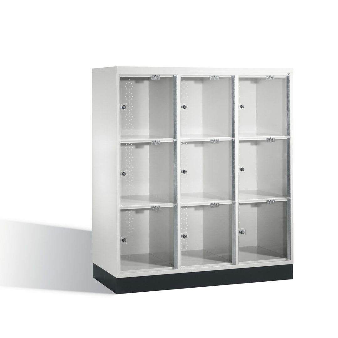 Schließfachschrank, Fächerschrank mit Türen aus Acrylglas, 3 Abteile, 9 Fächer, Zylinderschloss, 1.370 x 1.220 x 500 mm (HxBxT), Korpus anthrazitgrau