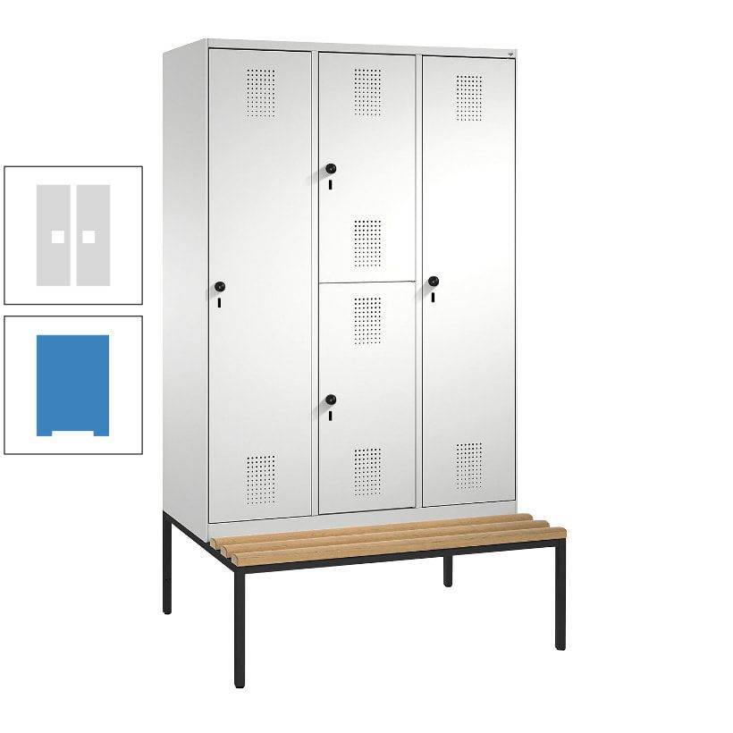 Garderobenschrank, Spind ein- und doppelstöckig Sitzbank, 3 Abteile, 4 Fächer, 2.090x1.200x500 mm (HxBxT), Front anthrazitgrau, Korpus anthrazitgrau