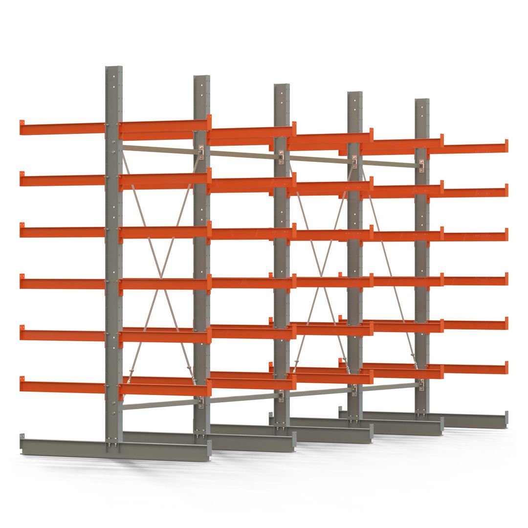 Doppelseitiges Kragarmregal, 2 Felder, 3.000 x 2.560 x 1.120 mm (HxBxT), Nutztiefe 500 mm, Kragarmlast 870 kg, KARL basic, silbergrau/reinorange