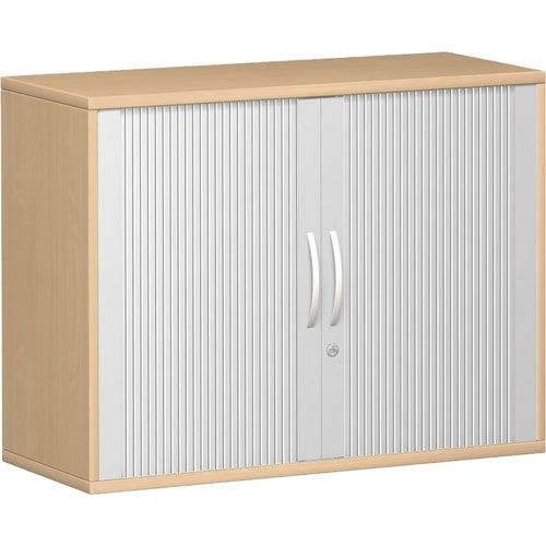 Querrollladenschrank, Dekoreinlageboden, Metallsockel/Standfüße, abschließbar, 768 x 1.000 x 425 mm (HxBxT), Korpusfarbe Ahorn, Frontfarbe silber
