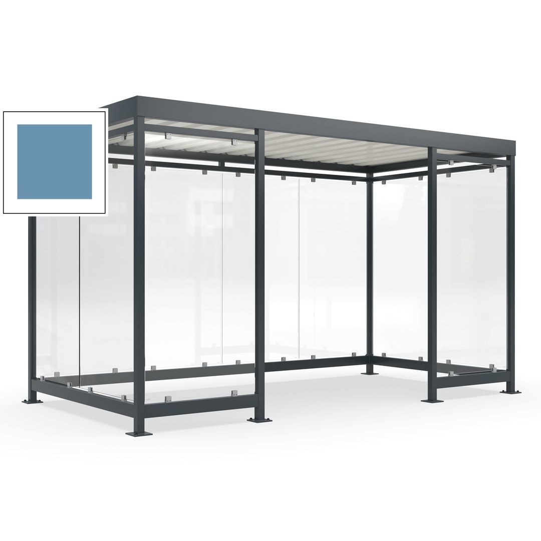 Fahrgastunterstand, Raucherunterstand, fertig montiert, Aufdübeln, 12-13 Personen, 2.510 x 4.195 x 2.165 mm (HxBxT), 10 Wände, Achatgrau