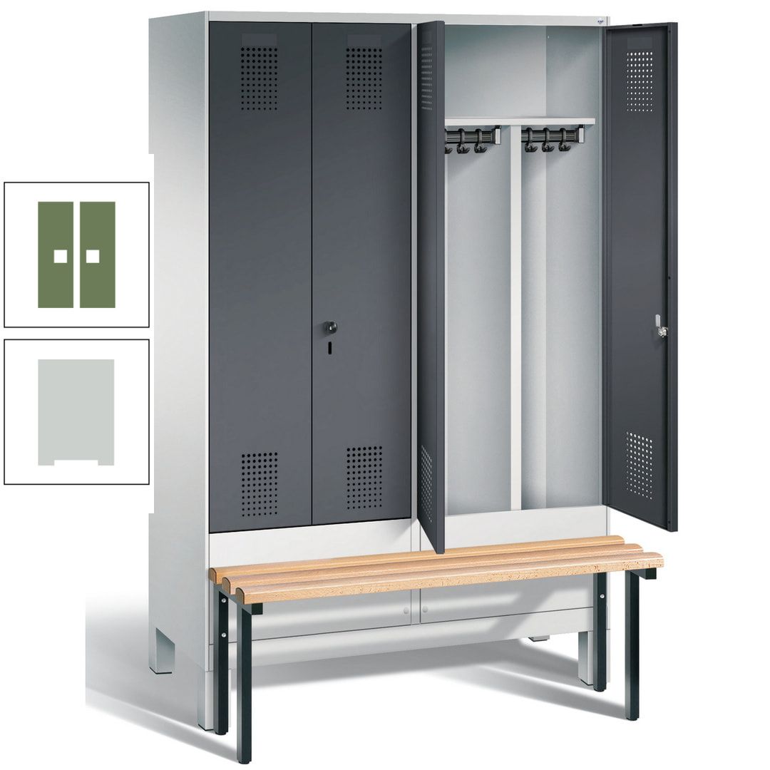 Doppel-Spind, Garderobenschrank, Buche Sitzbank vorgebaut, 4 Abteile a 300 mm, Korpus feuerrot, Tür Wasserblau, 1.850 x 1.200 x 815 mm (HxBxT)
