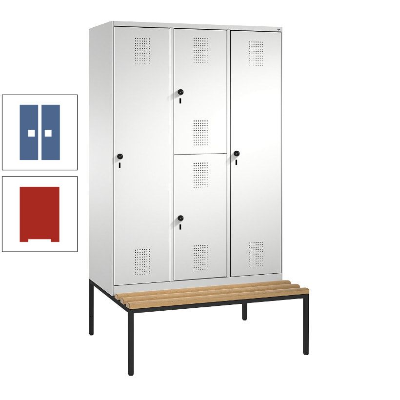Garderobenschrank, Spind ein- und doppelstöckig Sitzbank, 3 Abteile, 4 Fächer, 2.090x1.200x500 mm (HxBxT), Front anthrazitgrau, Korpus anthrazitgrau