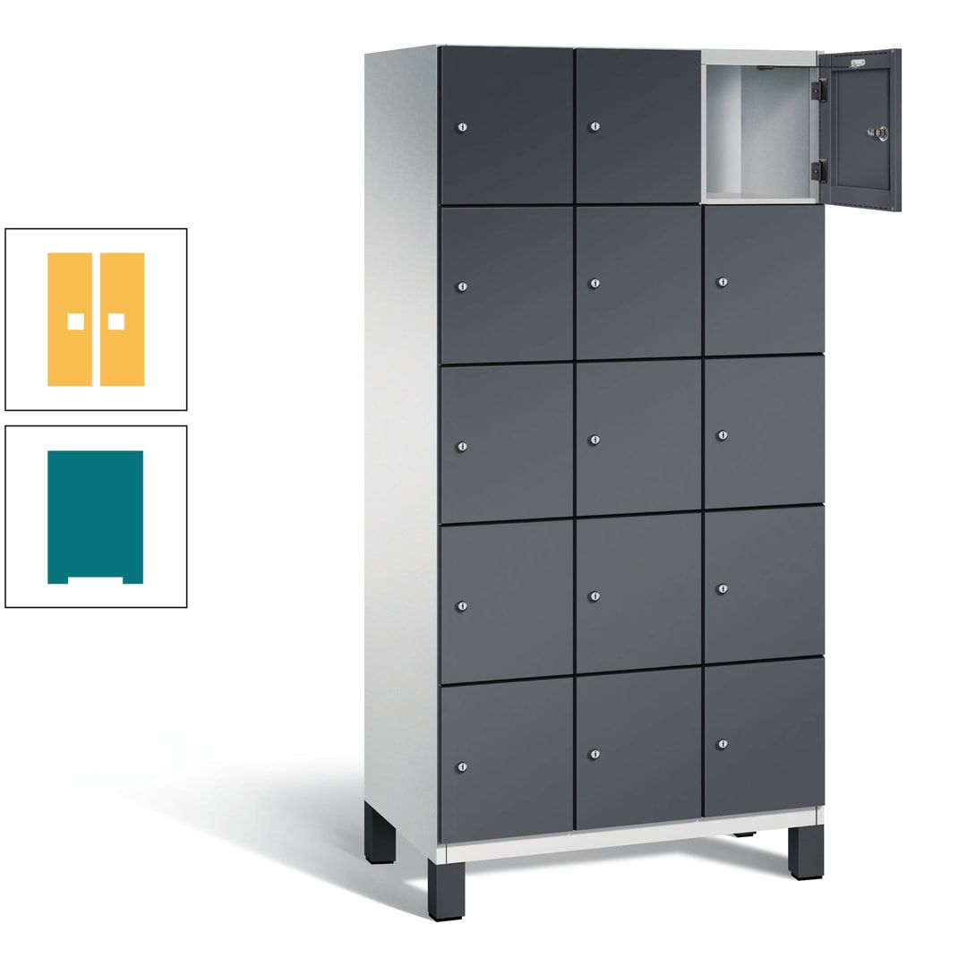 Fächerschrank, Stahlschrank, 15 Fächer, Türöffnungsbegrenzer, Füße, 1.980 x 900 x 525 mm (HxBxT), Korpus anthrazitgrau, Front anthrazitgrau