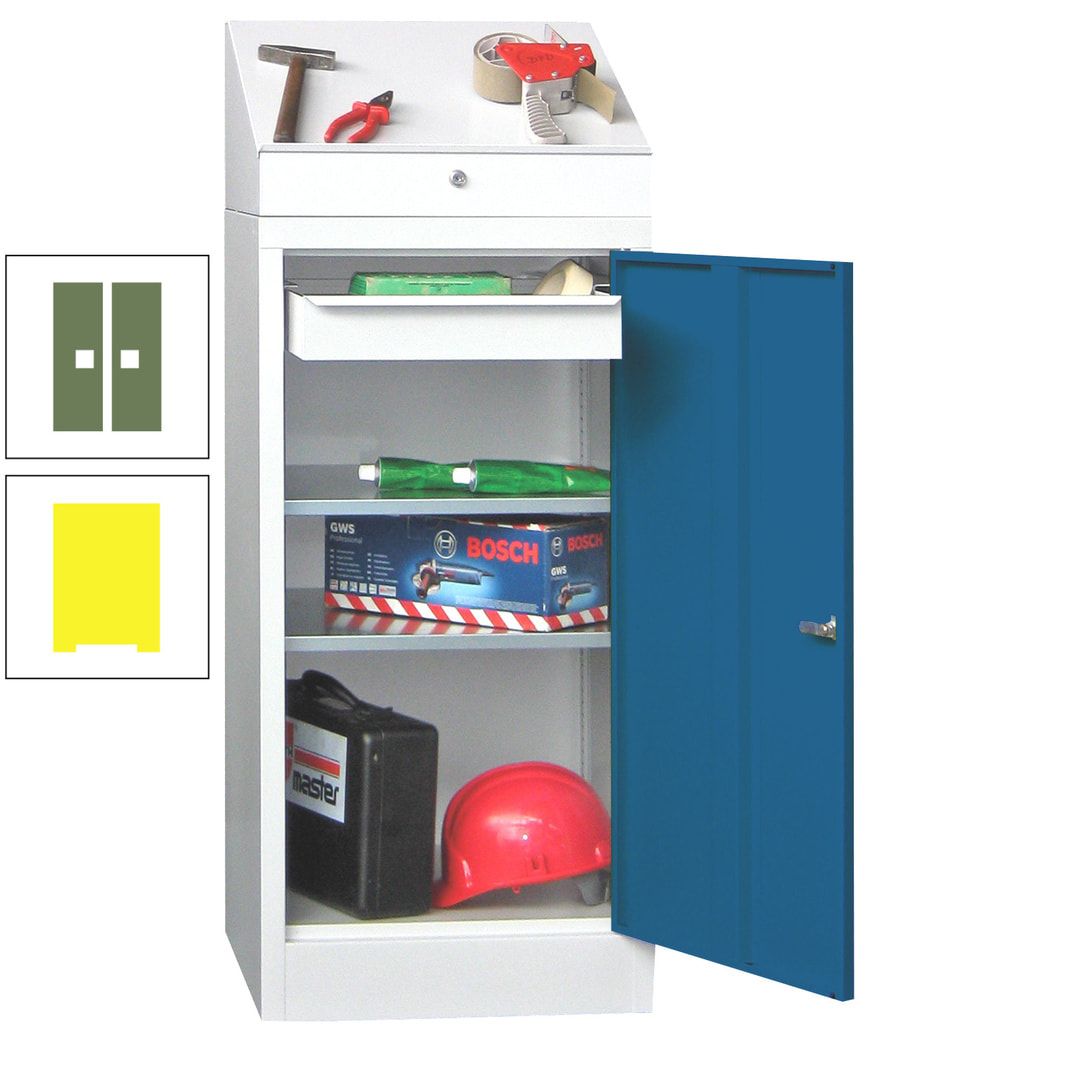 Stehpult mit Schrank - Vollblechtür - 1 Einlegeboden, 1 Ausziehboden, 1 Schublade - 1.270x500x500 mm (HxBxT) - anthrazitgrau