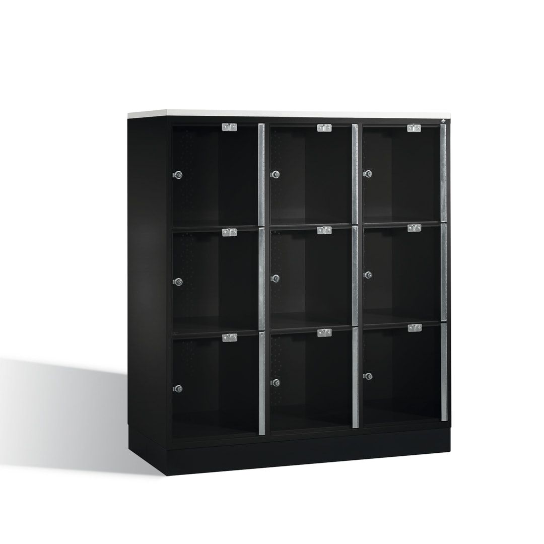 Schließfachschrank, Fächerschrank mit Türen aus Acrylglas, 3 Abteile, 9 Fächer, Zylinderschloss, 1.370 x 1.220 x 500 mm (HxBxT), Korpus anthrazitgrau