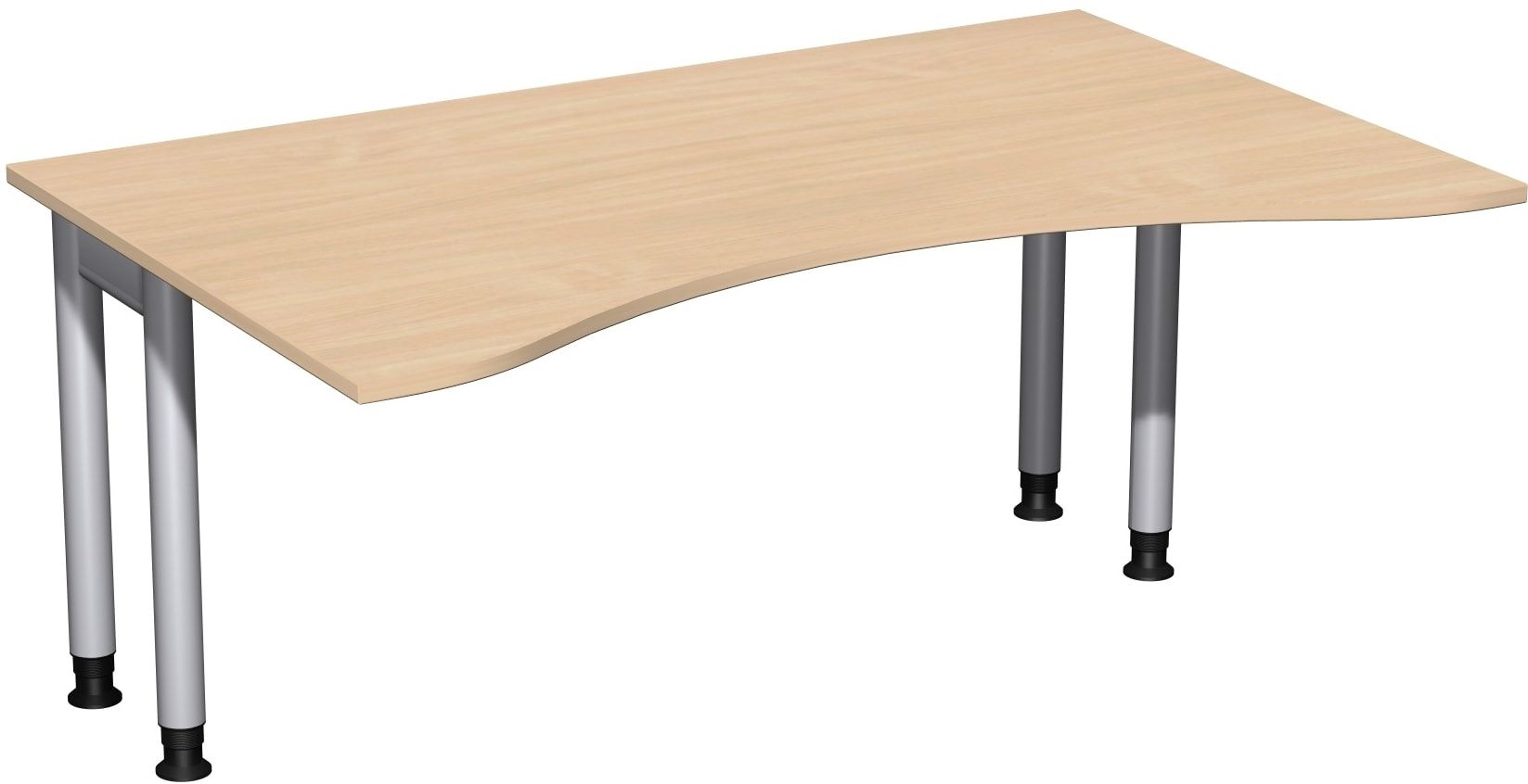 Ergo-Schreibtisch, Füße einseitig verkürzt, 4-Fuß Pro, höhenverstellbar, 680-800 x 1.600 x 1.000 mm (HxBxT), Gestell silber, Dekor Ahorn