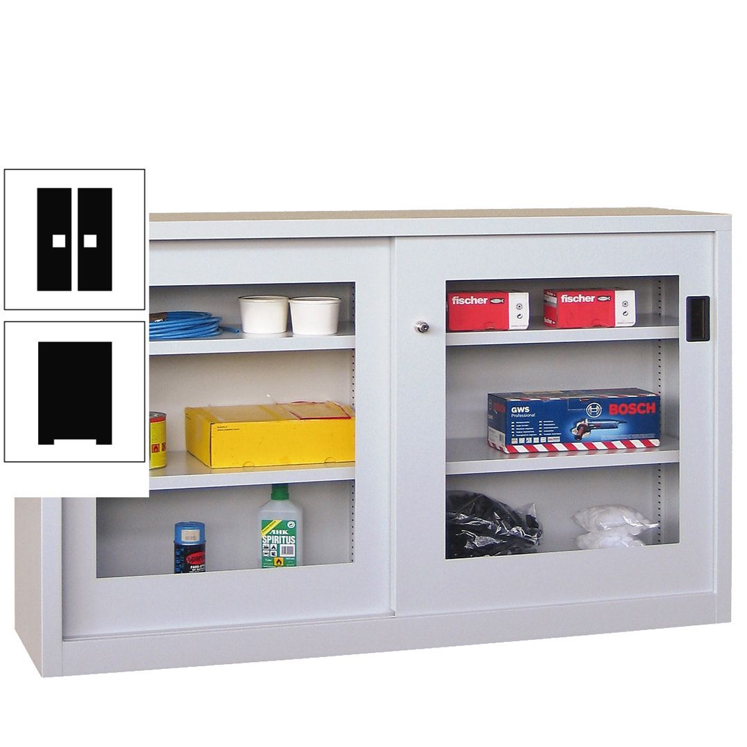 Schiebetürenschrank - Sichtfenstertüren - 1.000x1.500x600 mm (HxBxT) - 4 Böden, verzinkt - Zylinderschloss - anthrazitgrau