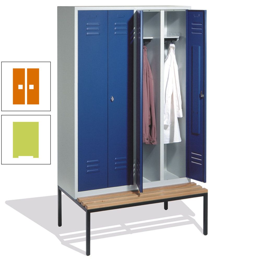 Doppel-Spindschrank, Buche Sitzbank untergebaut, 4 Abteile a 300 mm, Korpus lichtgrau, Tür anthrazitgrau, 2.090 x 1.190 x 815 mm (HxBxT)