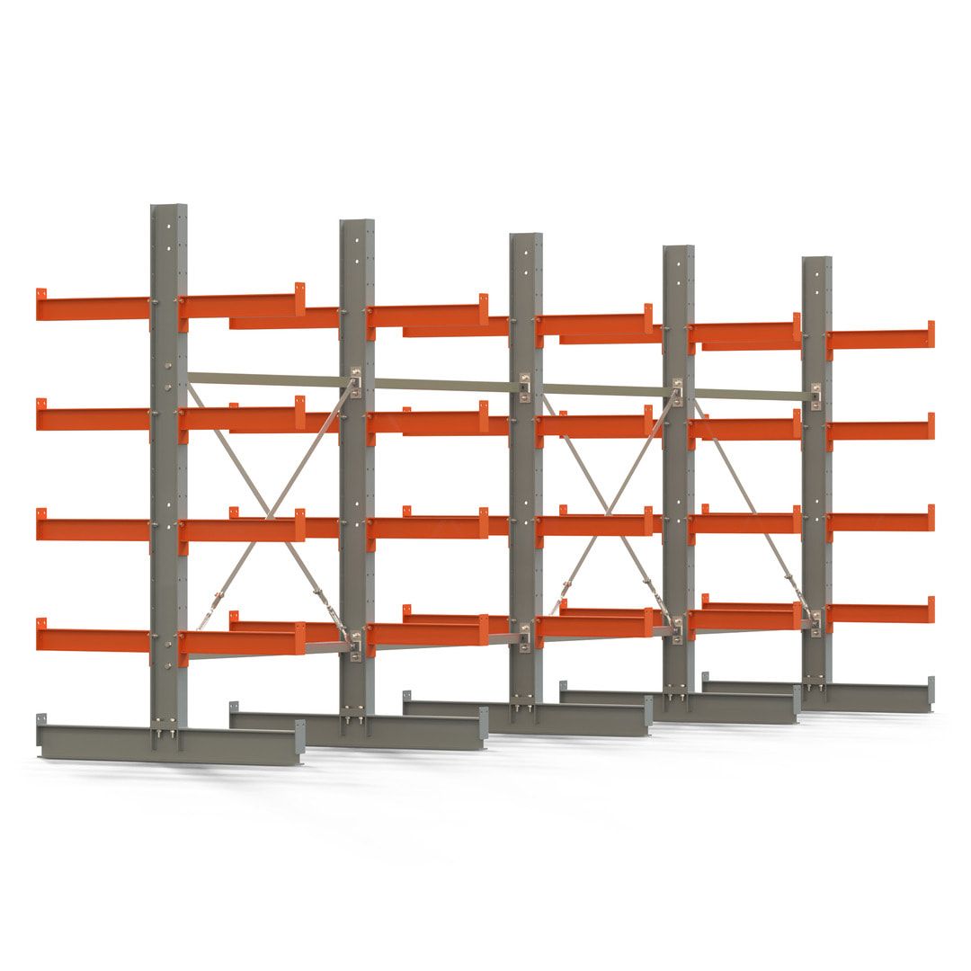 Doppelseitiges Kragarmregal, 2 Felder, 2.000 x 2.560 x 1.120 mm (HxBxT), Nutztiefe 500 mm, Kragarmlast 870 kg, KARL basic, silbergrau/reinorange