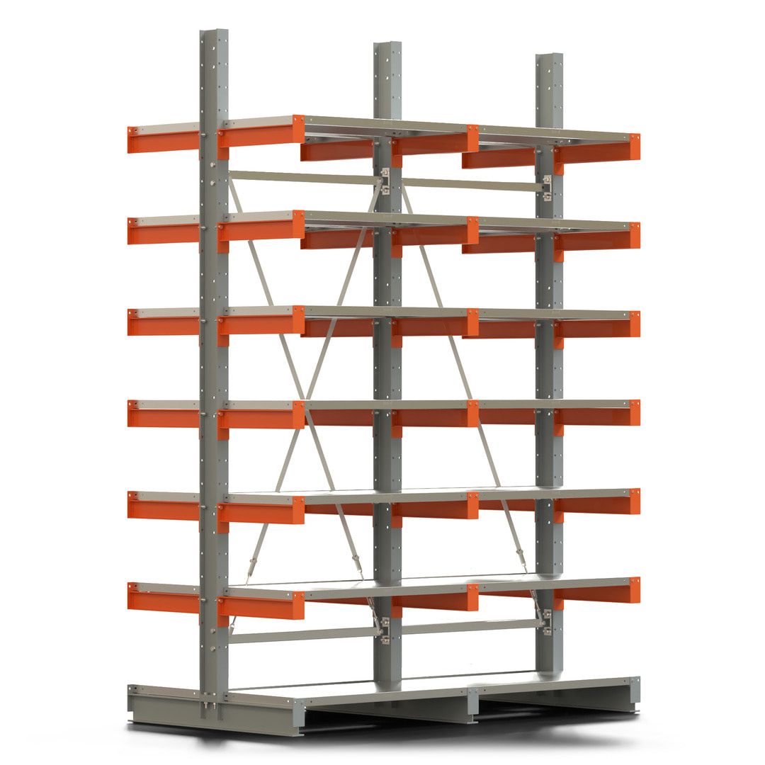 Doppelseitiges Kragarmregal mit Fachböden, 2 Felder, 3.000 x 2.000 (HxB), Nutztiefe 1.000 mm, Kragarmlast 450 kg, KARL basic, silbergrau/reinorange