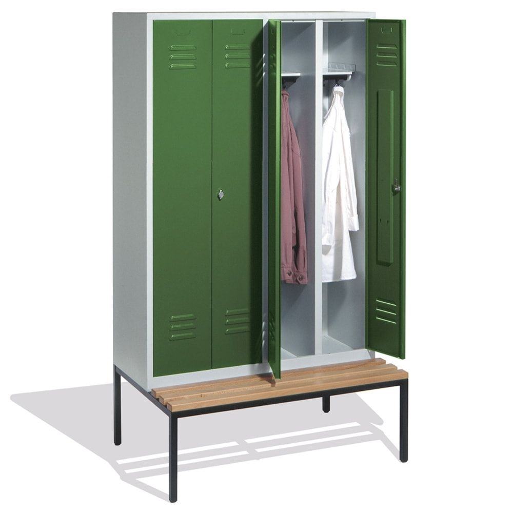 Doppel-Spindschrank, Buche Sitzbank untergebaut, 4 Abteile a 300 mm, Korpus lichtgrau, Tür anthrazitgrau, 2.090 x 1.190 x 815 mm (HxBxT)