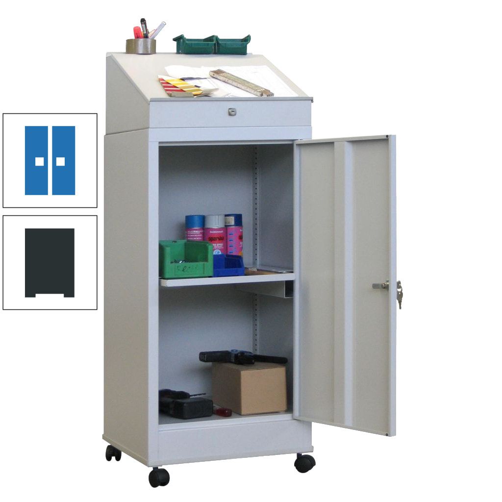 Stehpult, fahrbar - 1 Ausziehboden, 1 Schublade - Vollblechtür - Zylinderschloss - 1.330x500x500 mm (HxBxT) - anthrazitgrau
