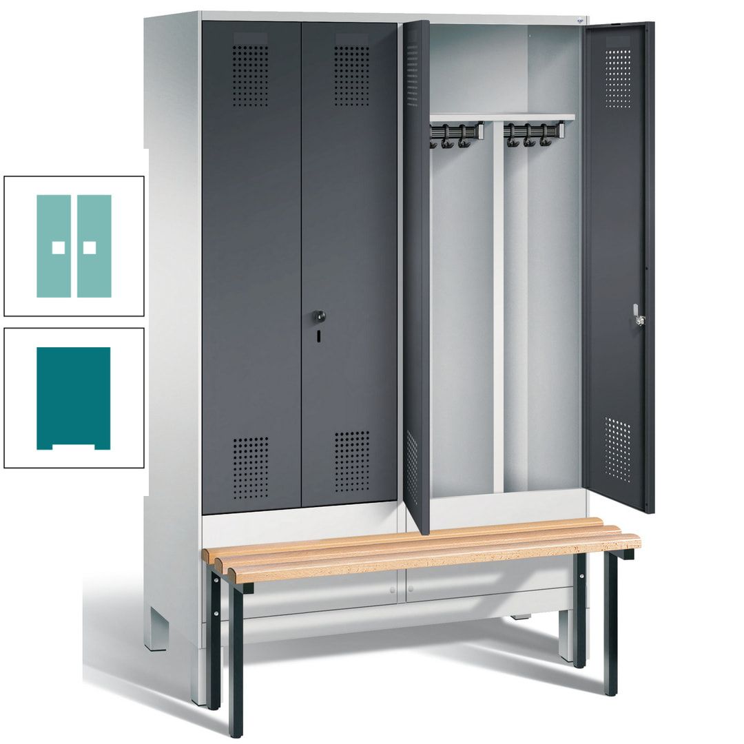 Doppel-Spind, Garderobenschrank, Buche Sitzbank vorgebaut, 4 Abteile a 300 mm, Korpus feuerrot, Tür Wasserblau, 1.850 x 1.200 x 815 mm (HxBxT)