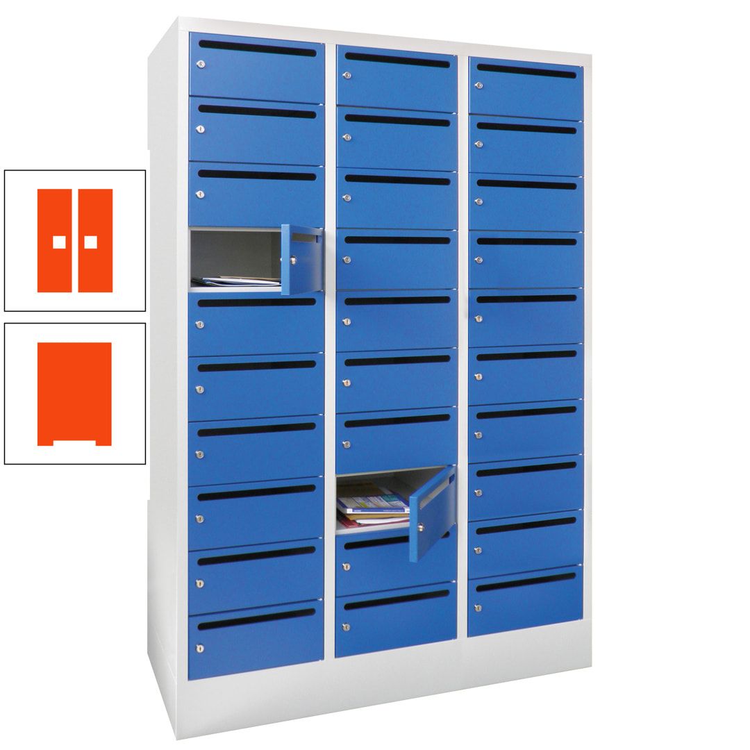 Postverteilerschrank, Schließfachschrank, 3 Abteile a 300 mm, 30 Fächer, 1.850 x 900 x 500 mm (HxBxT), Korpus anthrazitgrau, Front anthrazitgrau