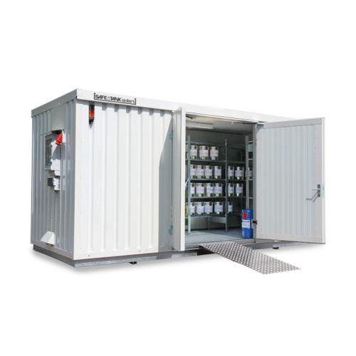Isolierter Gefahrstoffcontainer - 2.520 x 5.080 x 2.170 mm (HxBxT) - Auffangvolumen 1.450 l - mit Lüftersteuerung - Doppelflügeltür kurze Seite