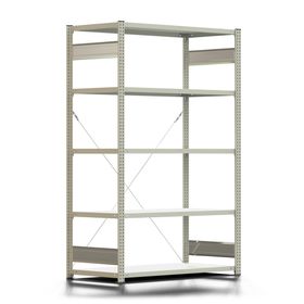 Fachbodenregal mit Tiefenriegel - 150 kg - 2.000 x 1.285 x 600 mm (HxBxT) - erweiterbar - lichtgrau - 5 Böden - Lagerregal - Steckregal BERT