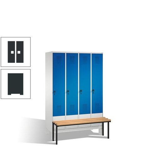 Stahl-Garderobenschrank, Spind, Buche Sitzbank vorgebaut, 4 Abteile a 300 mm, Korpus Lichtgrün, Tür Schwefelgelb, 1.850 x 1.200 x 815 mm (HxBxT)