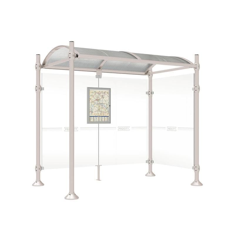Buswartehalle, Unterstand, 2 Seitenwände, Kopf gebürsteter Edelstahl, ESG, Fahrplanschaukasten, 2.500 x 2.500 x 1.600 mm (HxBxT), Farbe enzianblau