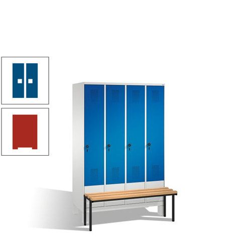 Stahl-Garderobenschrank, Spind, Buche Sitzbank vorgebaut, 4 Abteile a 300 mm, Korpus Lichtgrün, Tür Schwefelgelb, 1.850 x 1.200 x 815 mm (HxBxT)