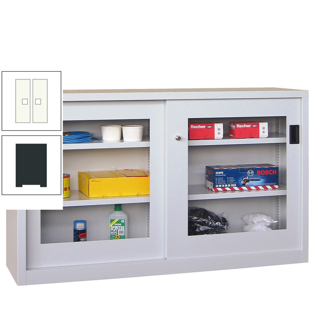 Schiebetürenschrank - Sichtfenstertüren - 1.000x1.500x600 mm (HxBxT) - 4 Böden, verzinkt - Zylinderschloss - anthrazitgrau