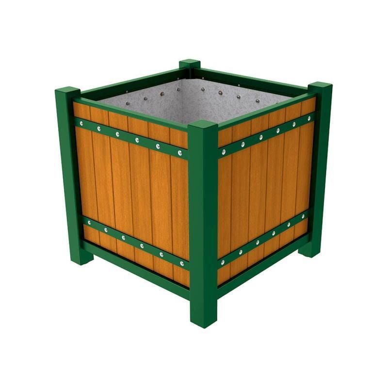 Pflanzbehälter, Pflanzgefäß, verzinkt, Eichenholzverkleidung, innen feuerverzinkt mit Verladungsgriffen, 960 x 1.060 x 1.060 mm (HxBxT), enzianblau