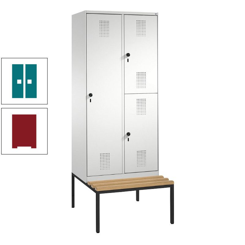 Garderobenschrank, Spind ein- und doppelstöckig Sitzbank, 2 Abteile, 3 Fächer, 2.090 x 800 x 500 mm (HxBxT), Front anthrazitgrau, Korpus anthrazitgrau