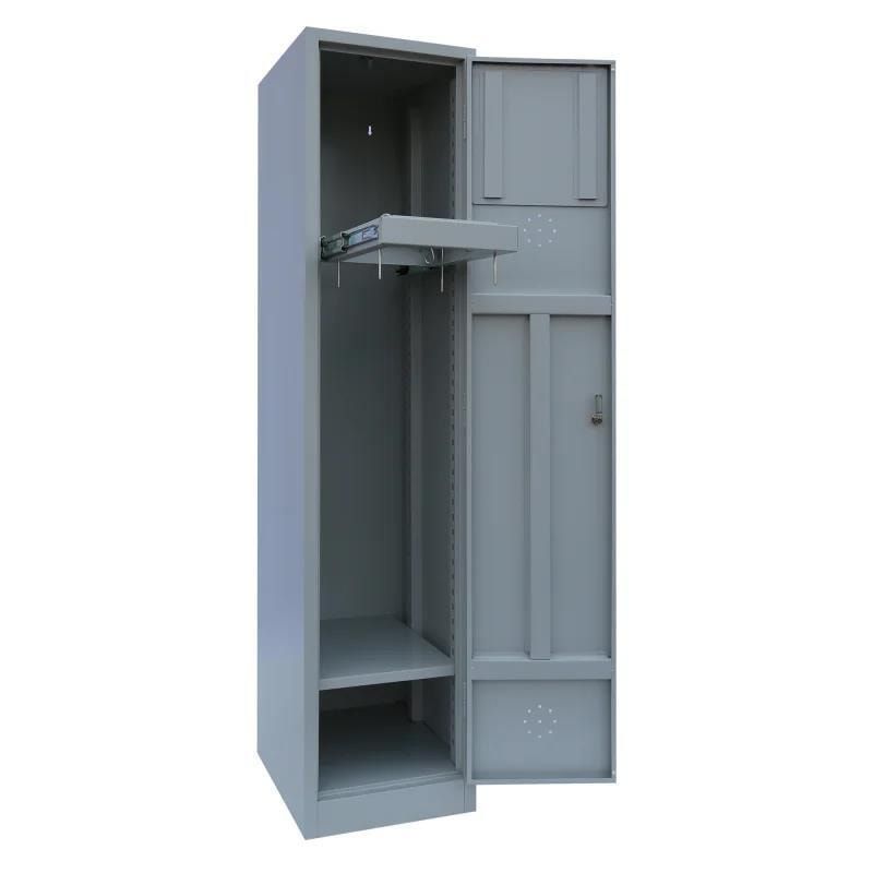Wäschesammelschrank, Wäscheschrank, Stahlschrank, Sockel, Klappe, Zylinderschloss, 1.800 x 600 x 500 mm (HxBxT), Korpus lichtgrau, Front enzianblau
