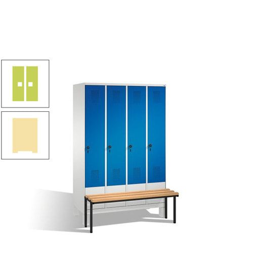 Stahl-Garderobenschrank, Spind, Buche Sitzbank vorgebaut, 4 Abteile a 300 mm, Korpus Lichtgrün, Tür Schwefelgelb, 1.850 x 1.200 x 815 mm (HxBxT)