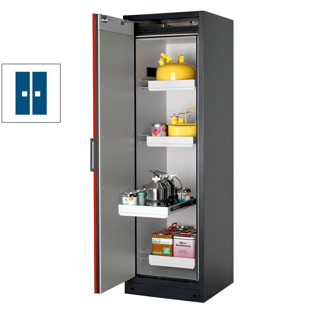 Gefahrstoffschrank - 1.953x599x615 mm - 3 Auszugswannen - 1 Entsorgungsauszug - Edelstahl-Einrichtung - Türanschlag Links - Front enzianblau