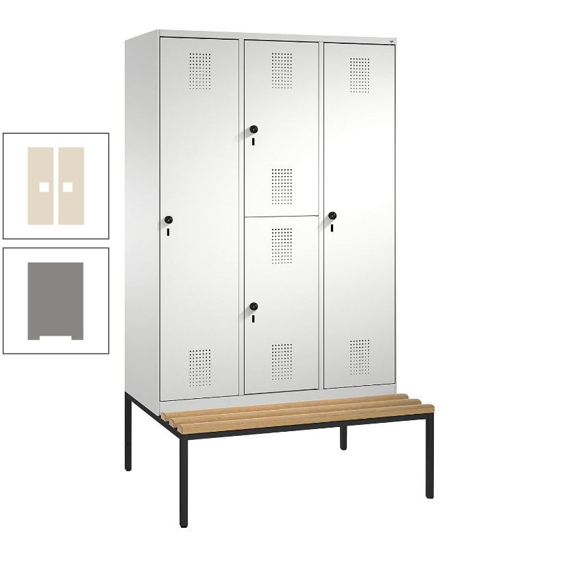 Garderobenschrank, Spind ein- und doppelstöckig Sitzbank, 3 Abteile, 4 Fächer, 2.090x1.200x500 mm (HxBxT), Front anthrazitgrau, Korpus anthrazitgrau