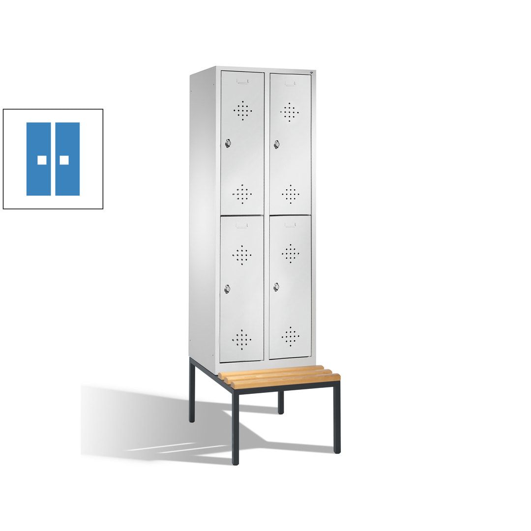 Garderobenschrank, Spind, 2 Abteile, 4 Fächer, 2.090 x 610 x 815 mm (HxBxT), Hartholz Sitzbank untergebaut, Korpus weißaluminium, Türen anthrazitgrau