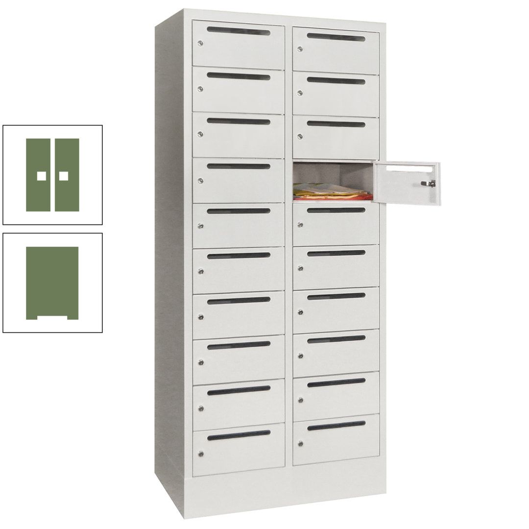 Postverteilerschrank, Schließfachschrank, 2 Abteile a 400 mm, 20 Fächer, 1.850 x 800 x 500 mm (HxBxT), Korpus anthrazitgrau, Front anthrazitgrau