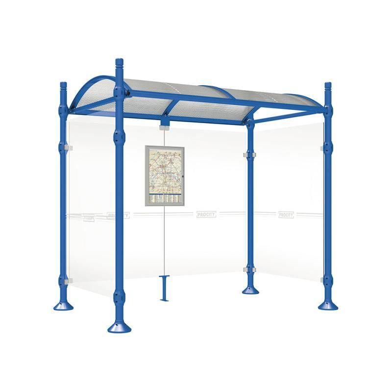 Buswartehalle, Unterstand, 2 Seitenwände, Kopf gebürsteter Edelstahl, ESG, Fahrplanschaukasten, 2.500 x 2.500 x 1.600 mm (HxBxT), Farbe enzianblau