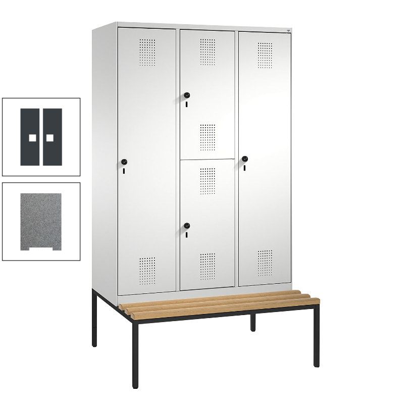Garderobenschrank, Spind ein- und doppelstöckig Sitzbank, 3 Abteile, 4 Fächer, 2.090x1.200x500 mm (HxBxT), Front anthrazitgrau, Korpus anthrazitgrau