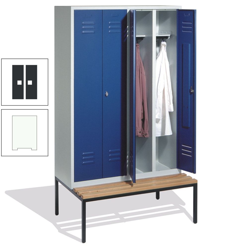 Doppel-Spindschrank, Buche Sitzbank untergebaut, 4 Abteile a 300 mm, Korpus lichtgrau, Tür anthrazitgrau, 2.090 x 1.190 x 815 mm (HxBxT)