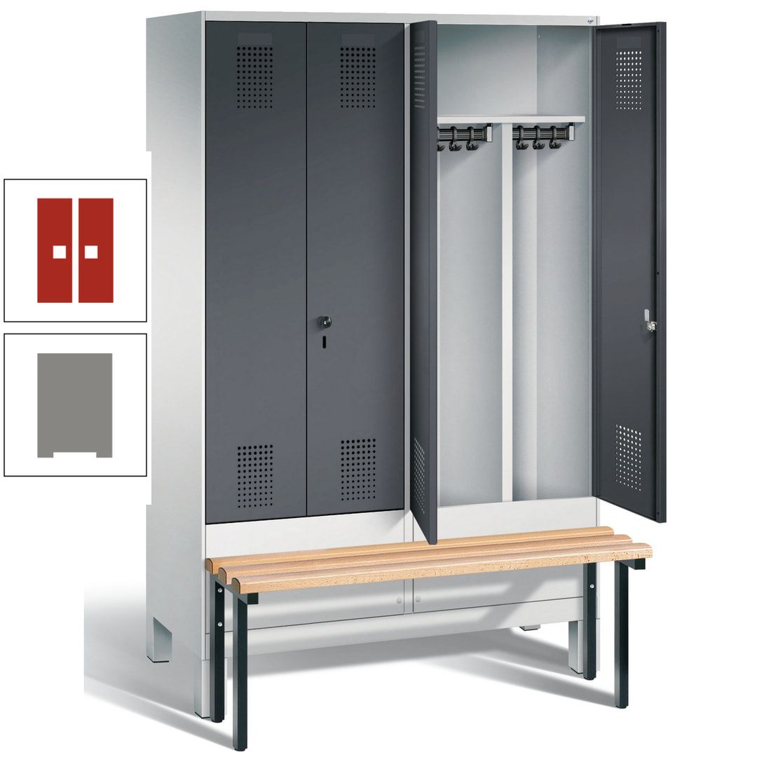Doppel-Spind, Garderobenschrank, Buche Sitzbank vorgebaut, 4 Abteile a 300 mm, Korpus feuerrot, Tür Wasserblau, 1.850 x 1.200 x 815 mm (HxBxT)