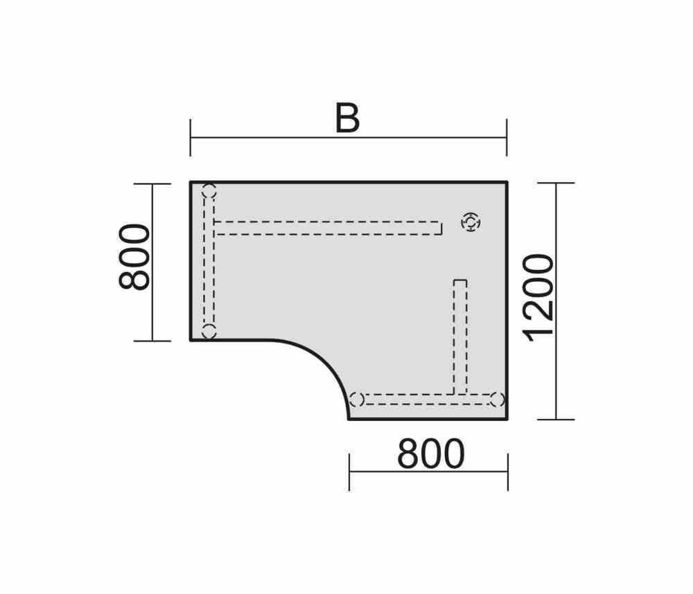 Eckschreibtisch, Eckteil 800 mm, rechts, Füße einseitig verkürzt, 4-Fuß Pro, höhenverstellbar, 680-800 x 1.600 x 1.200 mm (HxBxT), Dekor Ahorn