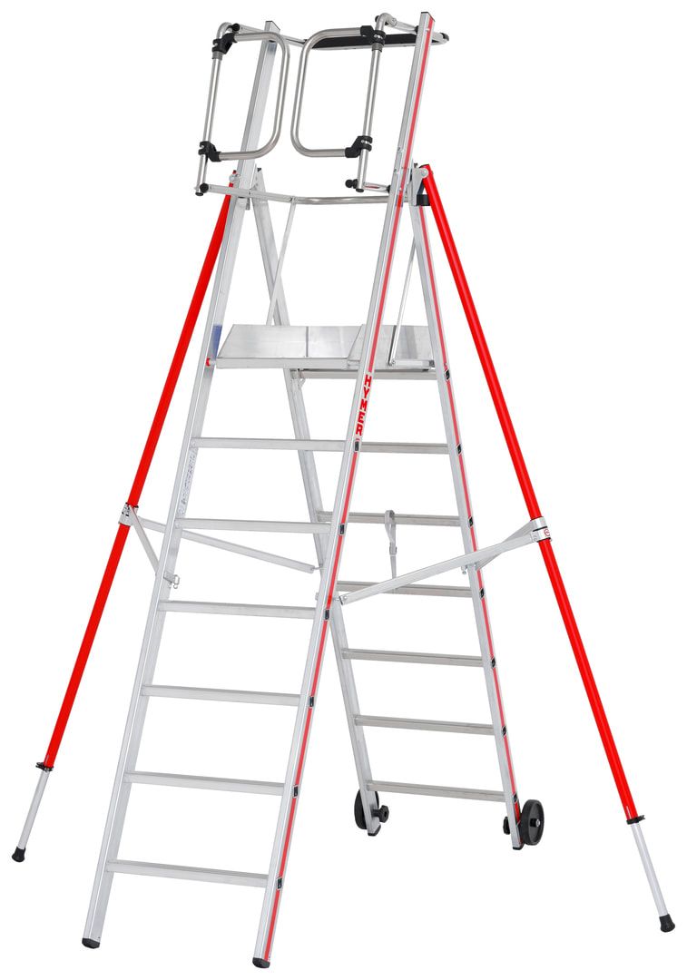 Erweiterbare Plattformleiter - Länge 1.850 mm - Plattform mit Geländer - mit Ablageschale - Aluleiter