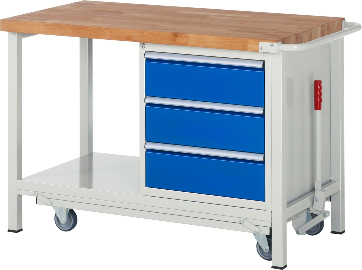 Mobile absenkbare Werkbank mit 3 Schubladen - Teilauszug - 180:3 - 880 x 1.250 x 700 mm (HxBxT) - 1,25 t - Buche - Anthrazitgrau