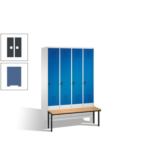 Stahl-Garderobenschrank, Spind, Buche Sitzbank vorgebaut, 4 Abteile a 300 mm, Korpus Lichtgrün, Tür Schwefelgelb, 1.850 x 1.200 x 815 mm (HxBxT)
