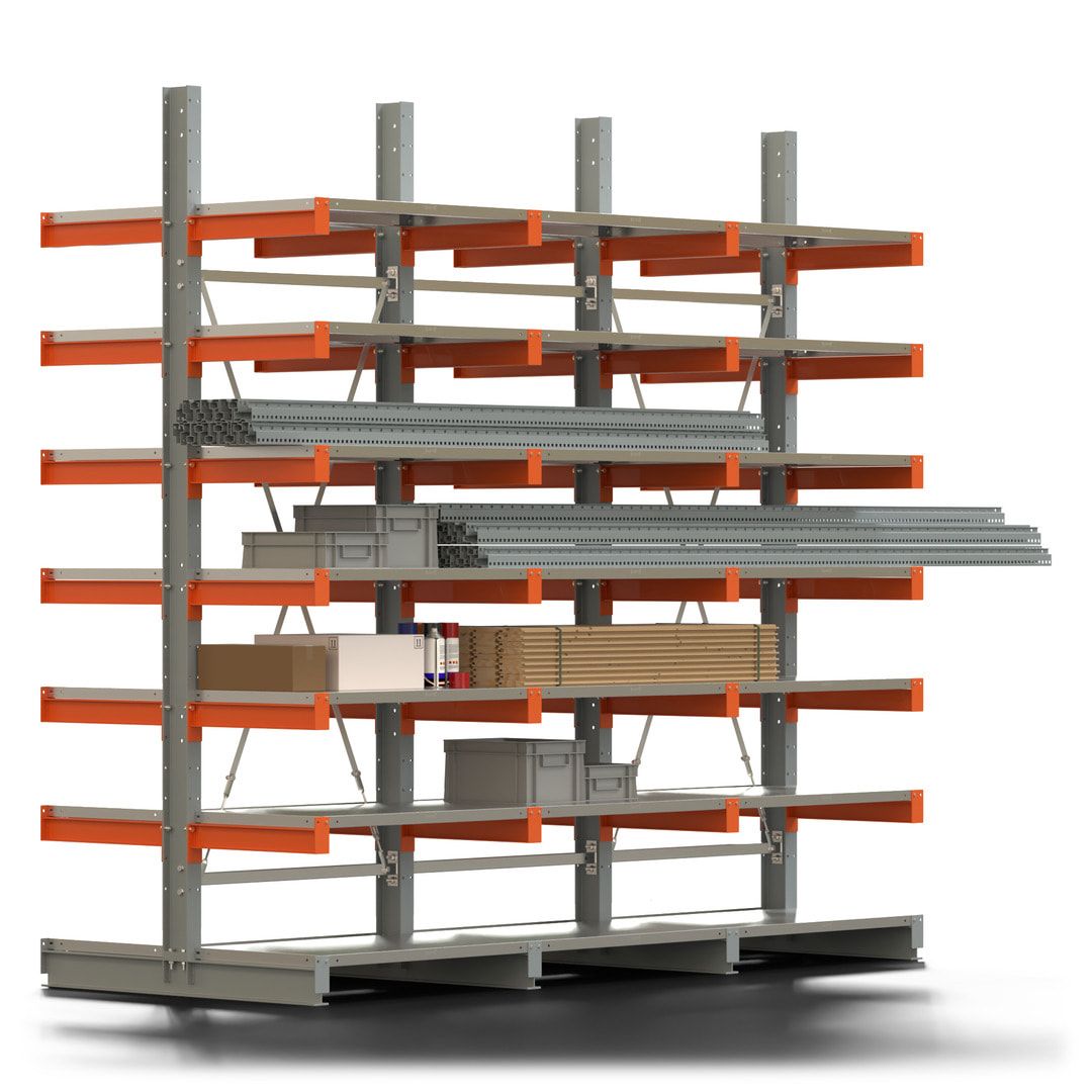 Doppelseitiges Kragarmregal mit Fachböden, 2 Felder, 3.000 x 2.000 (HxB), Nutztiefe 1.000 mm, Kragarmlast 450 kg, KARL basic, silbergrau/reinorange