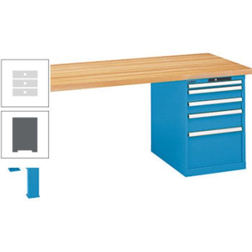 Werkbank, Buche Arbeitsplatte - Code Lock - Tragkraft 1.000 kg - 850 x 2.000 x 800 mm (HxBxT) - 4 Schubladen - Capriblau