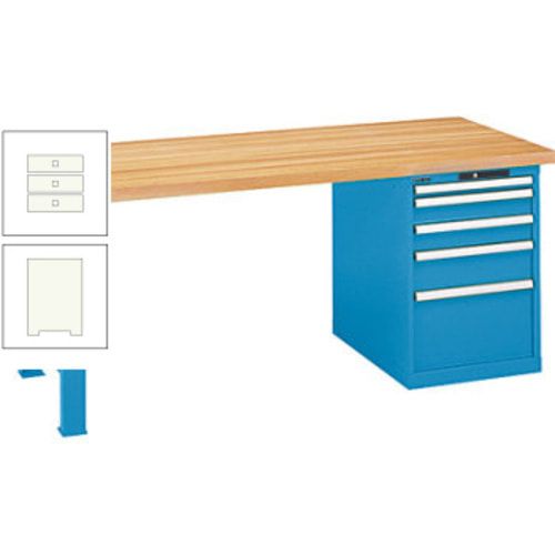 Werkbank, Buche Arbeitsplatte - Code Lock - Tragkraft 1.000 kg - 850 x 2.000 x 800 mm (HxBxT) - 4 Schubladen - Capriblau