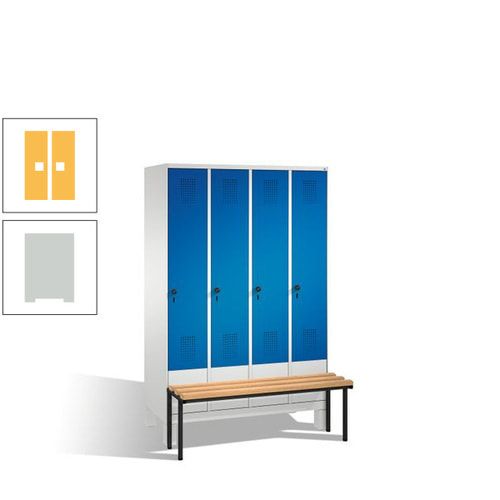 Stahl-Garderobenschrank, Spind, Buche Sitzbank vorgebaut, 4 Abteile a 300 mm, Korpus Lichtgrün, Tür Schwefelgelb, 1.850 x 1.200 x 815 mm (HxBxT)