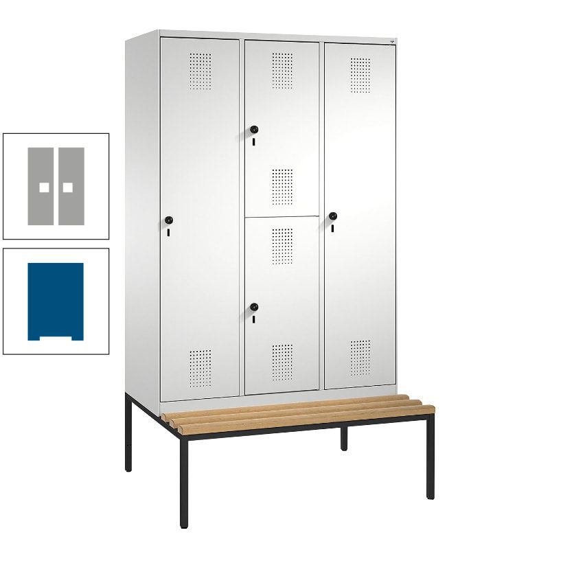 Garderobenschrank, Spind ein- und doppelstöckig Sitzbank, 3 Abteile, 4 Fächer, 2.090x1.200x500 mm (HxBxT), Front anthrazitgrau, Korpus anthrazitgrau
