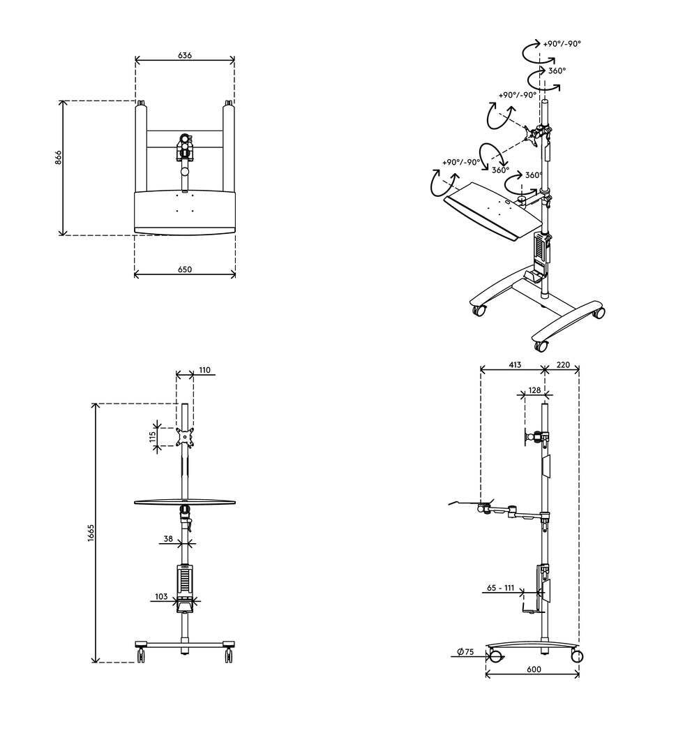 Dateneingabe-Trolley, Workstation, Arbeitsstation, Multimediastation, Monitorhalter, Computer, Rollen, 1.665 x 636 x 600 mm (HxBxT), Stahl, silber